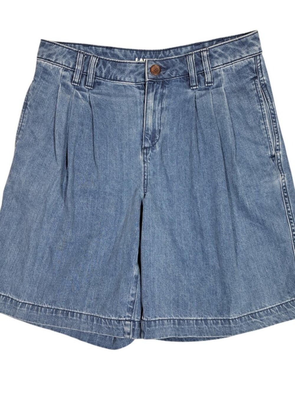 Lands End Womens Denim Bermuda Shorts 8P Blue Pleated Jean High Waisted Mom 13"